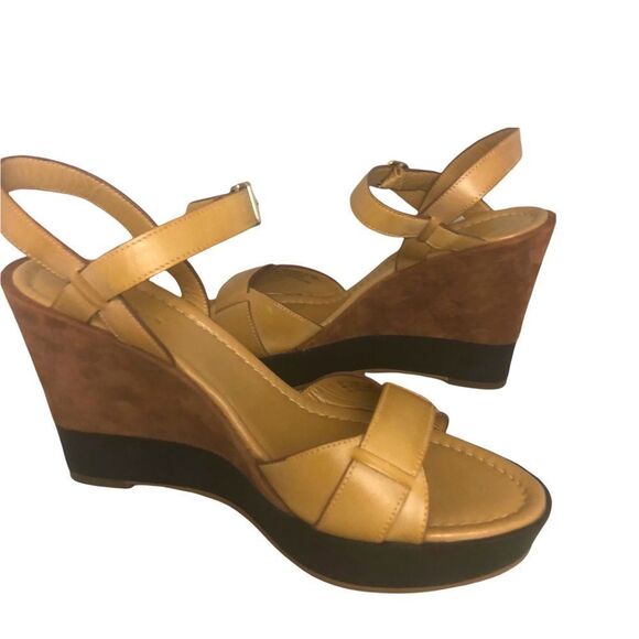 Cole Haan Nike Air Shoes - Cole Haan Nike Air 2-Toned Tan/Brn Leather Wedge Platform Sandal Size 7.5 NWOT